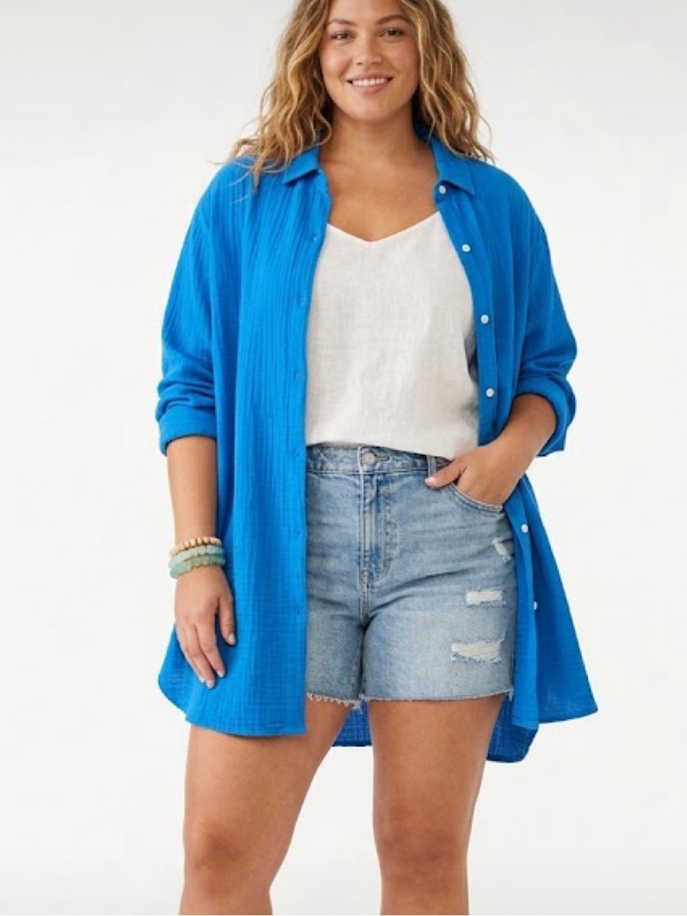 J. Jill Cotton Gauze Lightweight Bright Blue Oversized Button Down Tunic Shirt